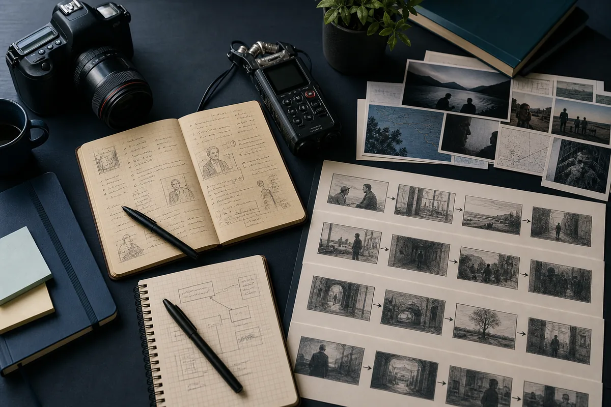 Documentary planning desk with camera, recorder, research notebook, photographs, and storyboard frames