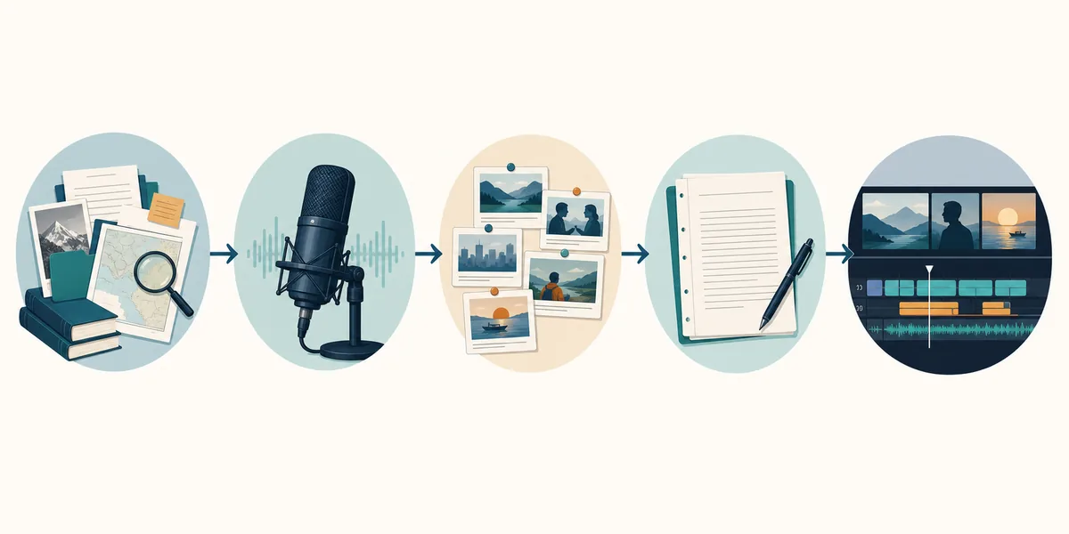 Editorial workflow from documentary research and interviews to scene planning, narration, and editing