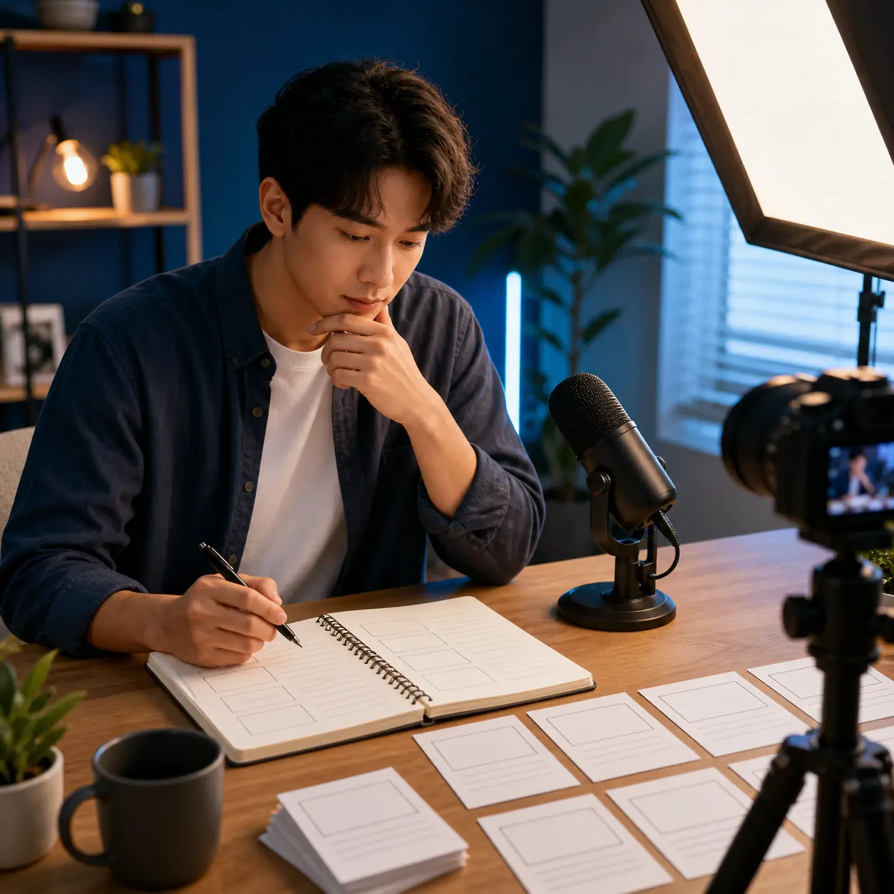 Criador planejando um roteiro para YouTube ao lado de câmera, microfone, caderno e cartões de storyboard