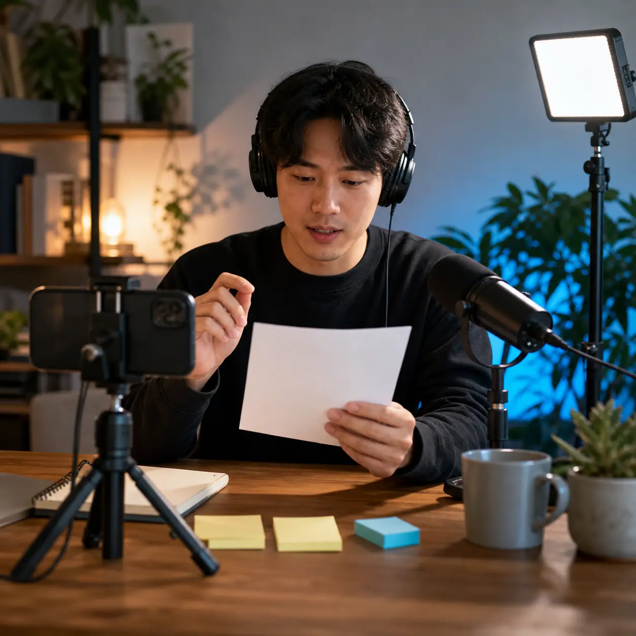 Creator reading a YouTube script aloud beside a phone camera, microphone, headphones, and studio light