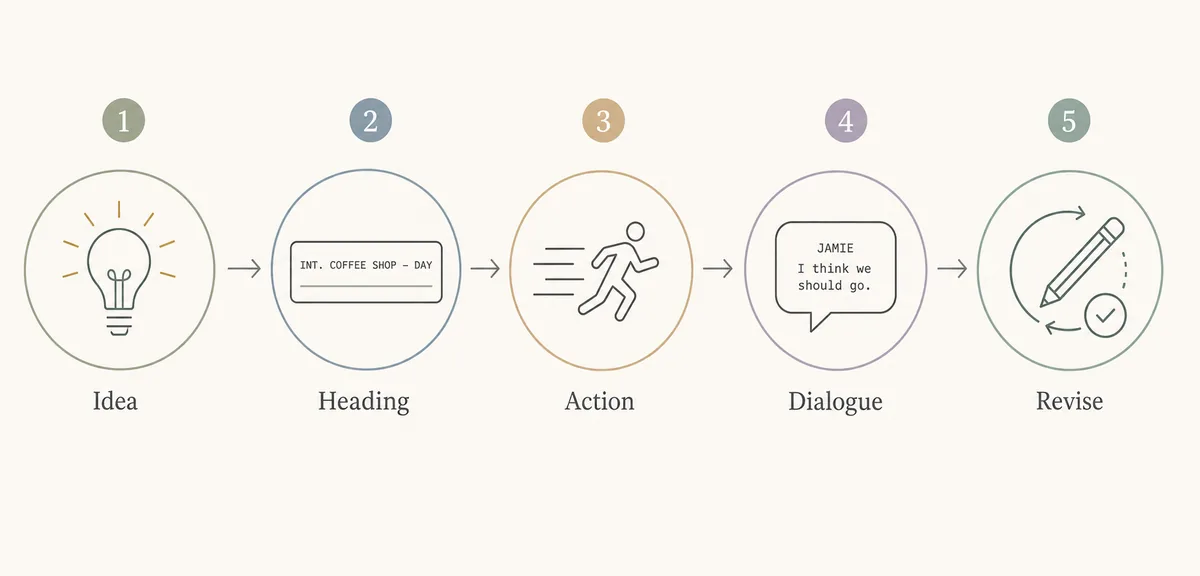 Five-step editorial flow for turning a film idea into a formatted movie script