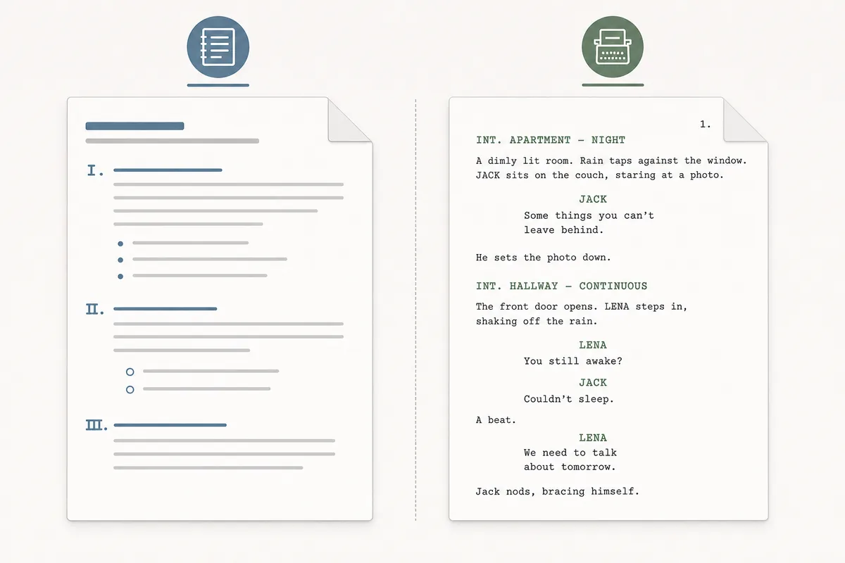 Comparison of loose outline structure and formatted screenplay page