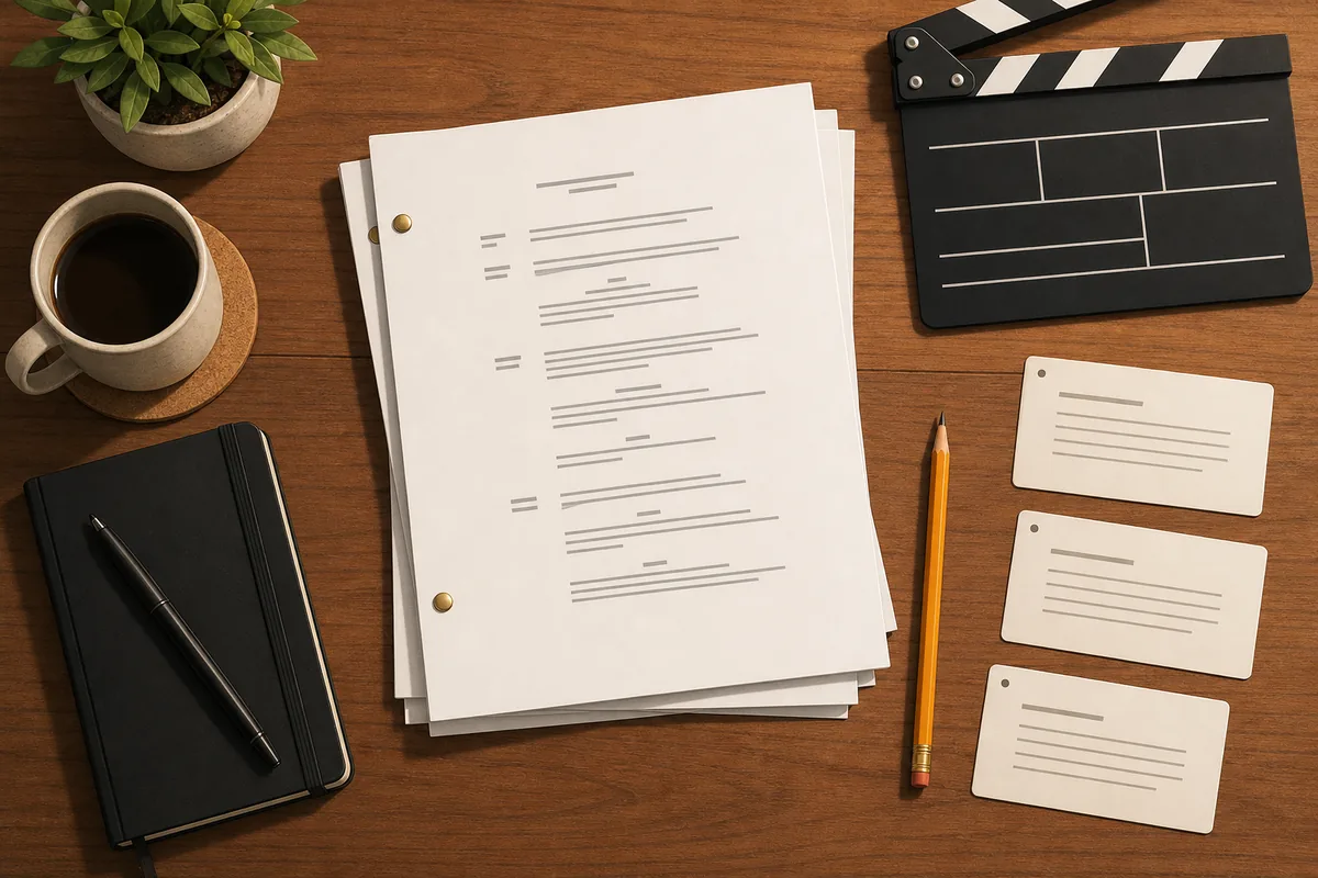 Organized desk with screenplay pages, scene cards, pencil, and clapperboard for a movie script template