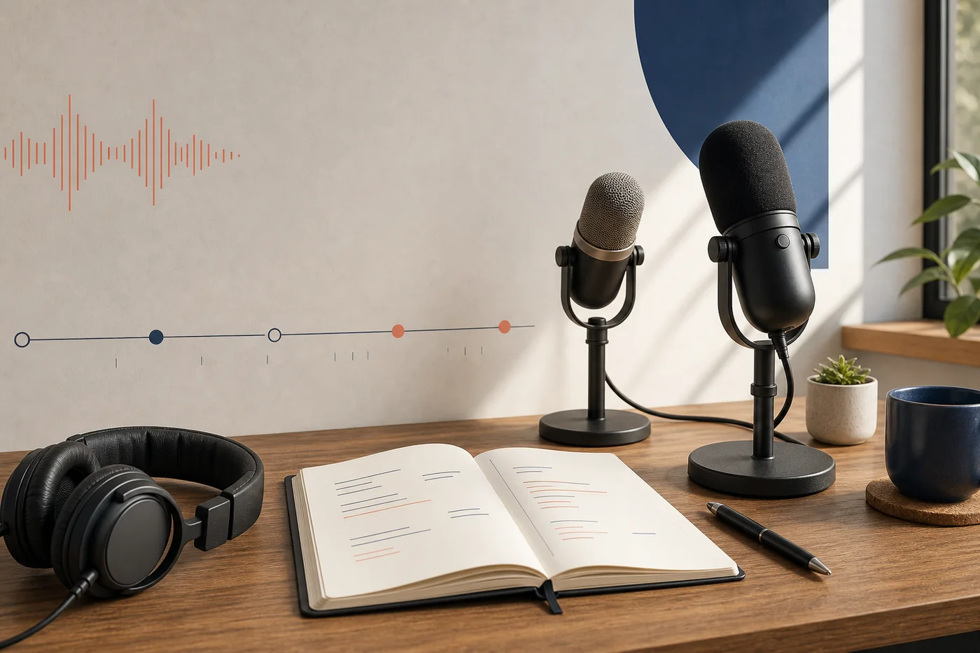 Podcast script planning desk with microphones, headphones, and an episode outline