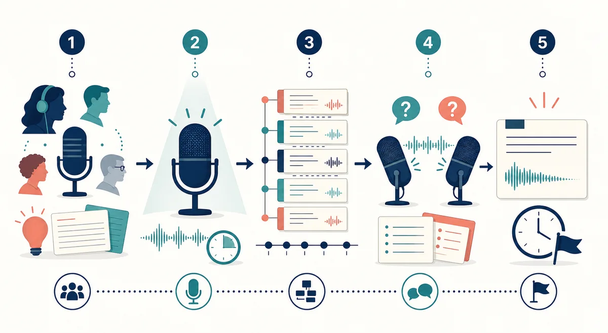 Five-stage podcast scripting workflow from audience idea to final call to action