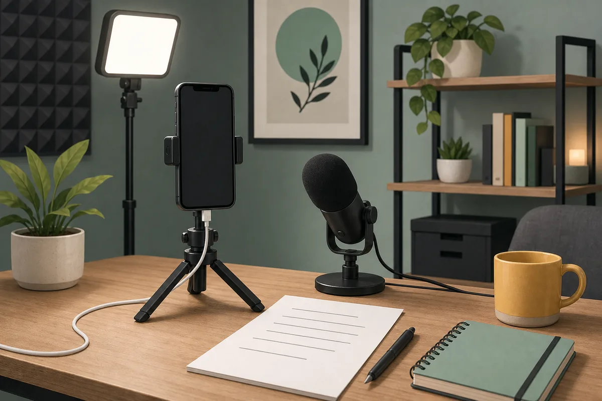 Phone, light, microphone, and printed script arranged for recording a YouTube Short