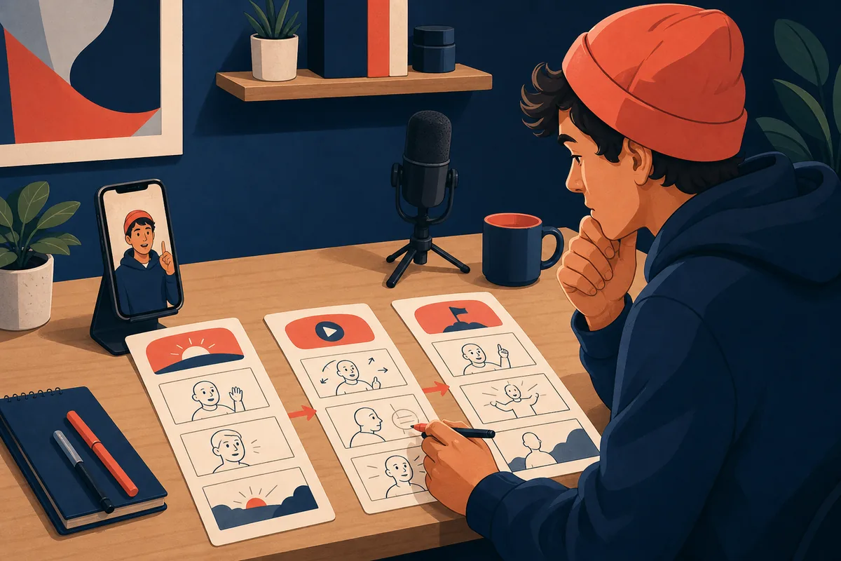 Creator planning a YouTube Shorts script with storyboard cards, a phone, and a microphone