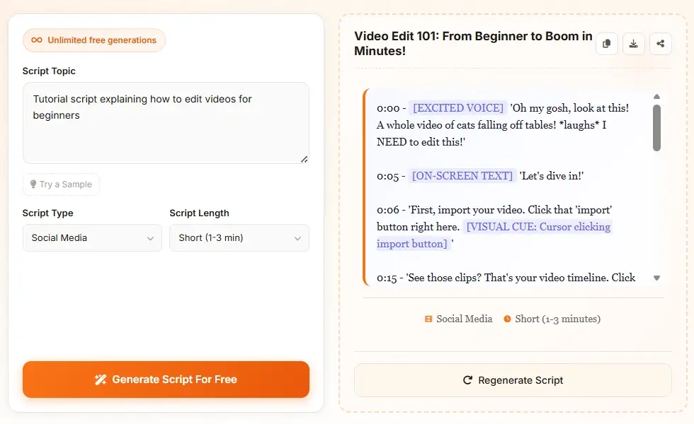 AI Script Generator instructional video script example with step-by-step tutorial format