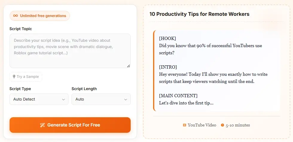 AI Script Generator remote work productivity tips video script example