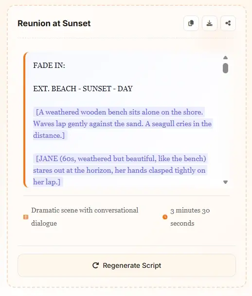 AI script generator movie example - Reunion at Sunset dramatic scene with dialogue
