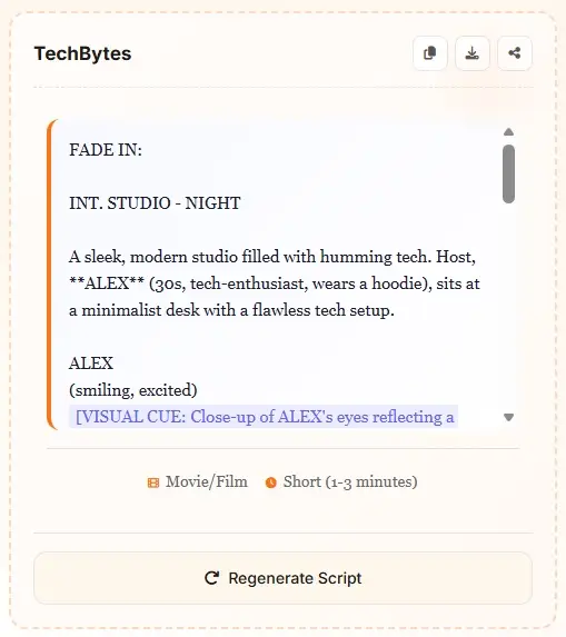 AI Script Generator TechBytes studio scene script with professional format