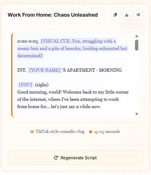 AI script generator comedy example - Work From Home funny TikTok script