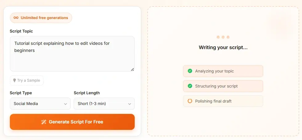 AI Script Generator writing status interface - script generation in progress